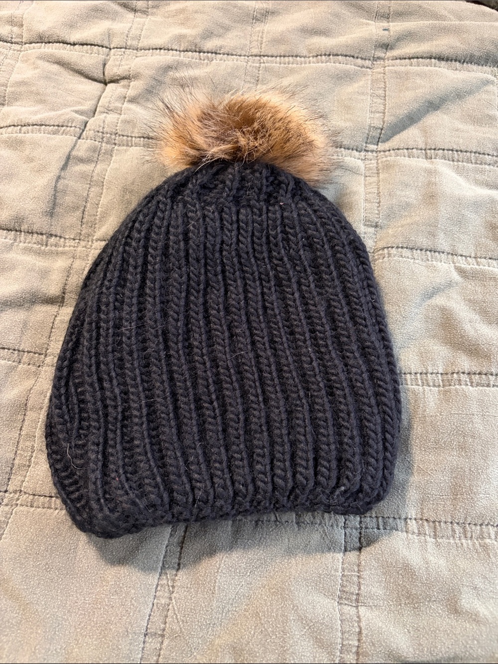 Kids Black Knit Pom Beanie - Cozy Winter Hat
